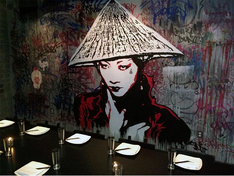 Sushi Restaurant Mural 2025 Indoor murals for a Asian restaurants using abstract elements with aerosol paints and paint and brush foreground. Using the juxtaposition of new and old art styles | Artist: Marcus